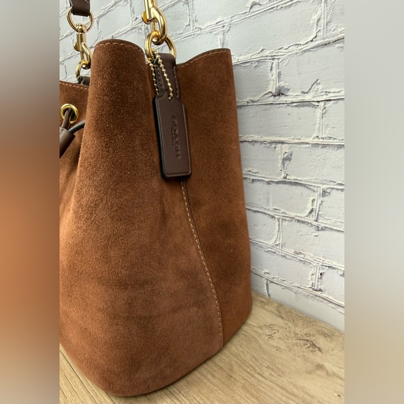 Coach Rowan Bucket Suede and Leather Bag Gold/Vintage Brown free unbranded scarf - Picture 9 of 16